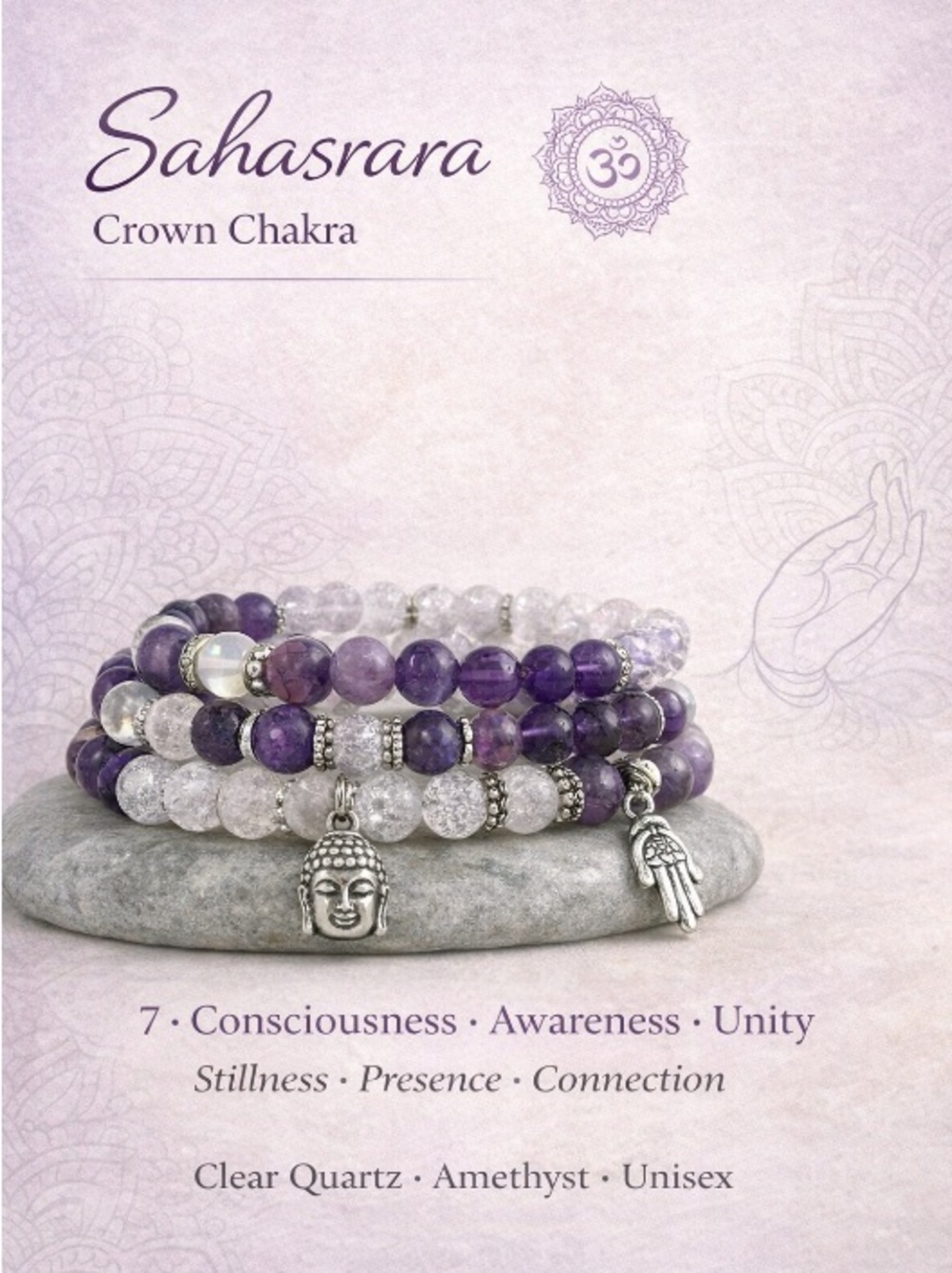 Sahasrara,  7th Chakra Amethyst, Agate, Moonstone & Quartz Stretch Bracelet Set